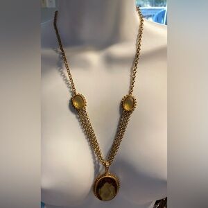 Vintage Monet Gold Tone Necklace with Large Amber color Pendant Art Deco